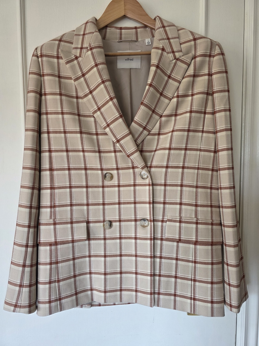 Wilfred Aritzia Cream Plaid Double-Breasted Blazer with Brown Windowpane